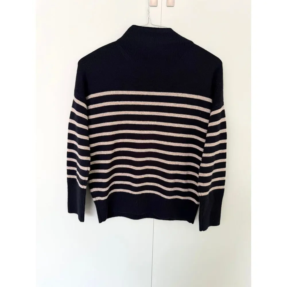 THE RESET 'R LABEL' Women's Wool Cashmere Blend Striped Mock Neck Sweater Navy